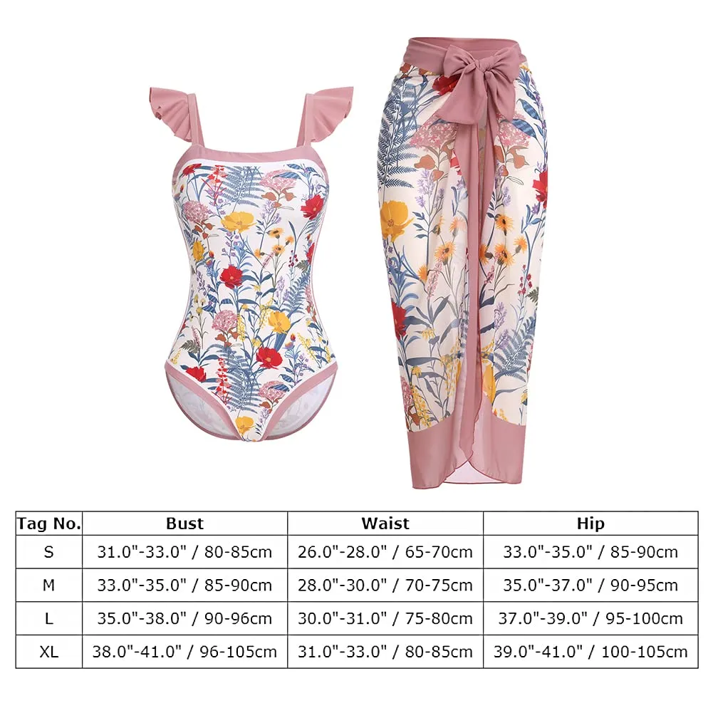 One Piece Swimsuit for Women Wrap Skirt Floral Sexy Bikini Sets High Cut Push Up Swimsuit Two Pieces Bathing Suit Low Back Flattering Cheeky Swimwear Retro Cover Ups Beachwear Light Pink Floral M