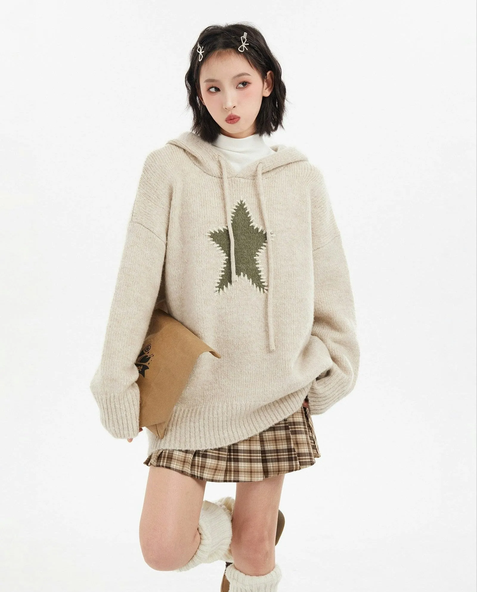 Oversized Star Patchwork Knit Hoodie Sweater