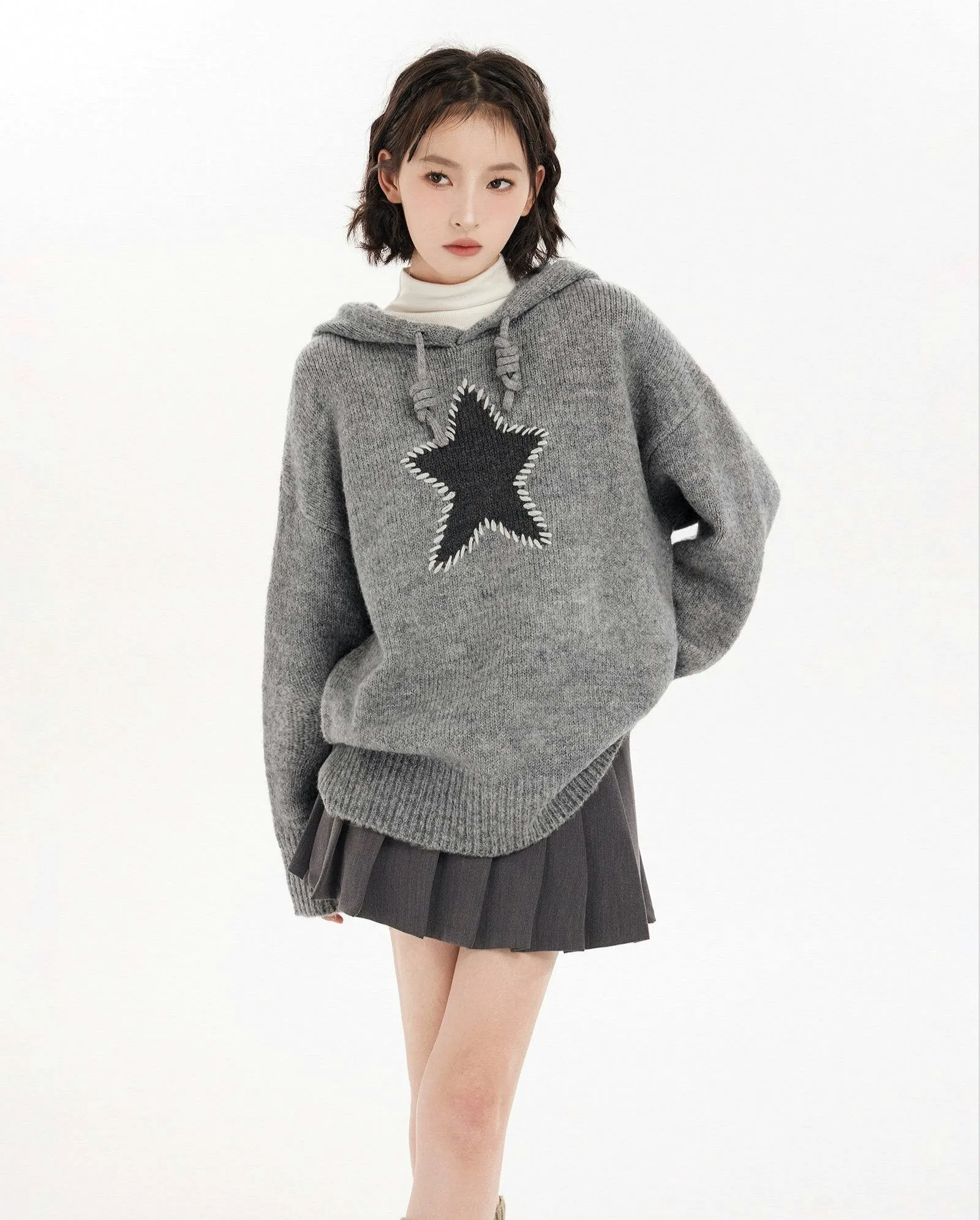 Oversized Star Patchwork Knit Hoodie Sweater