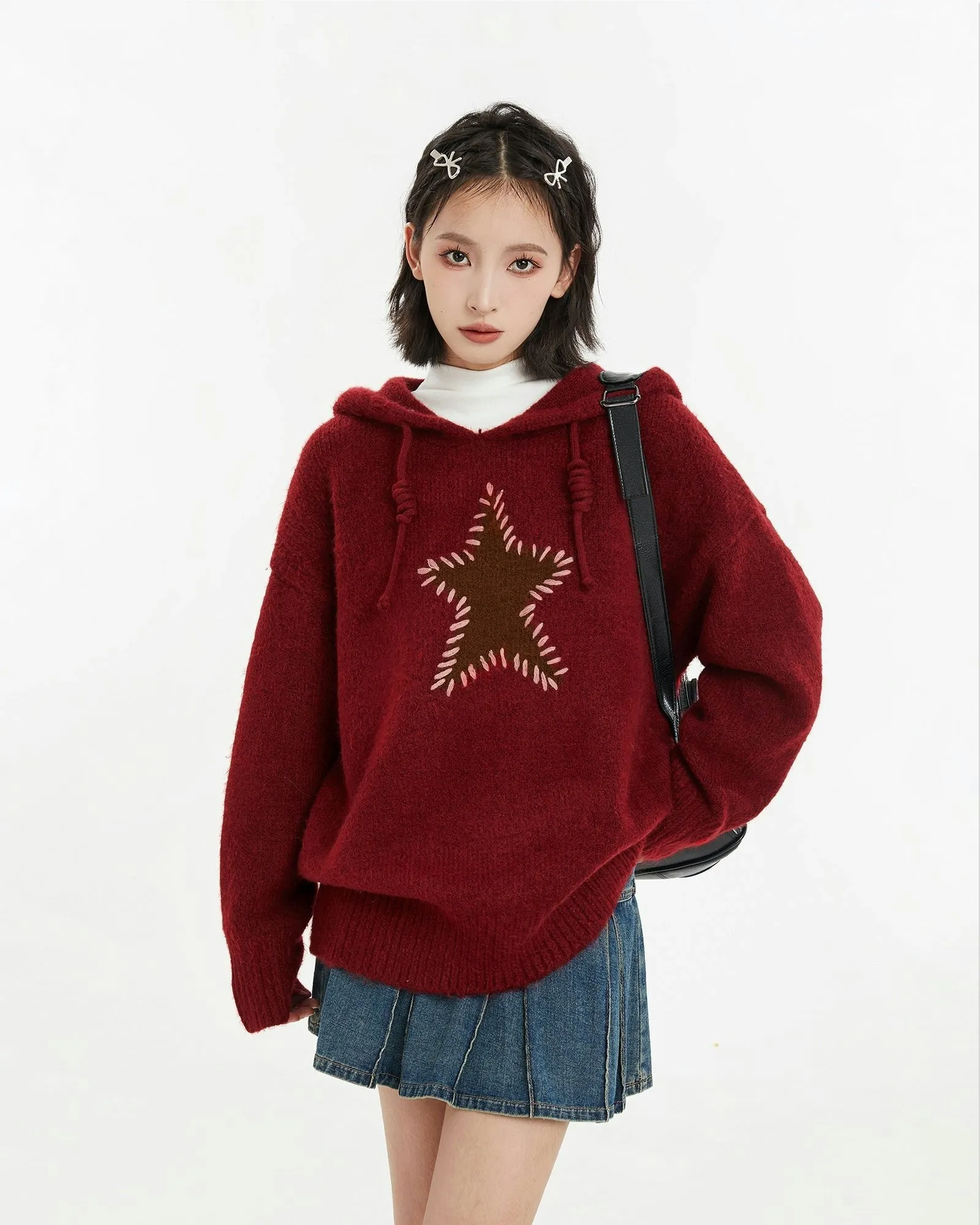 Oversized Star Patchwork Knit Hoodie Sweater