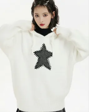 Oversized Star Patchwork Knit Hoodie Sweater