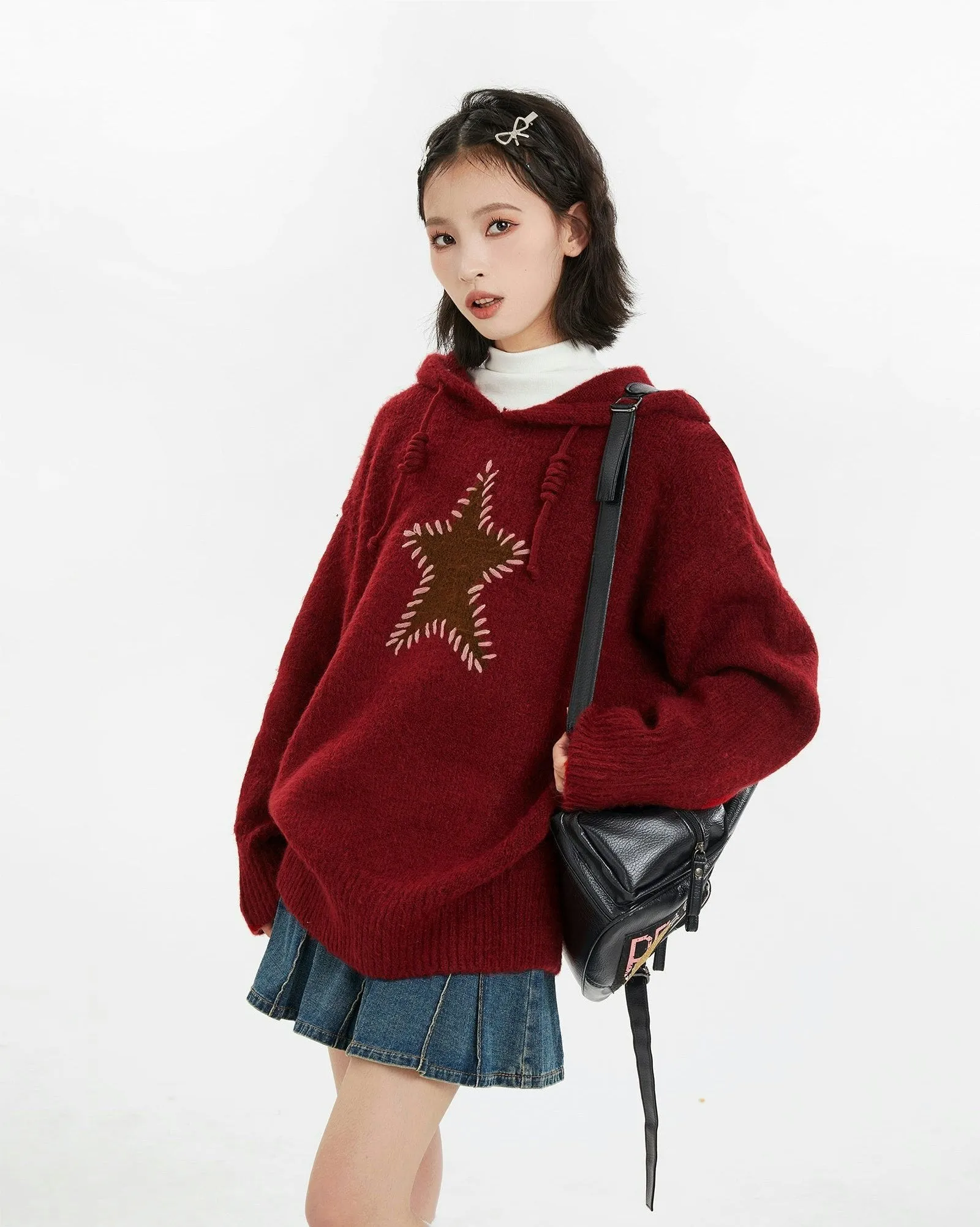 Oversized Star Patchwork Knit Hoodie Sweater