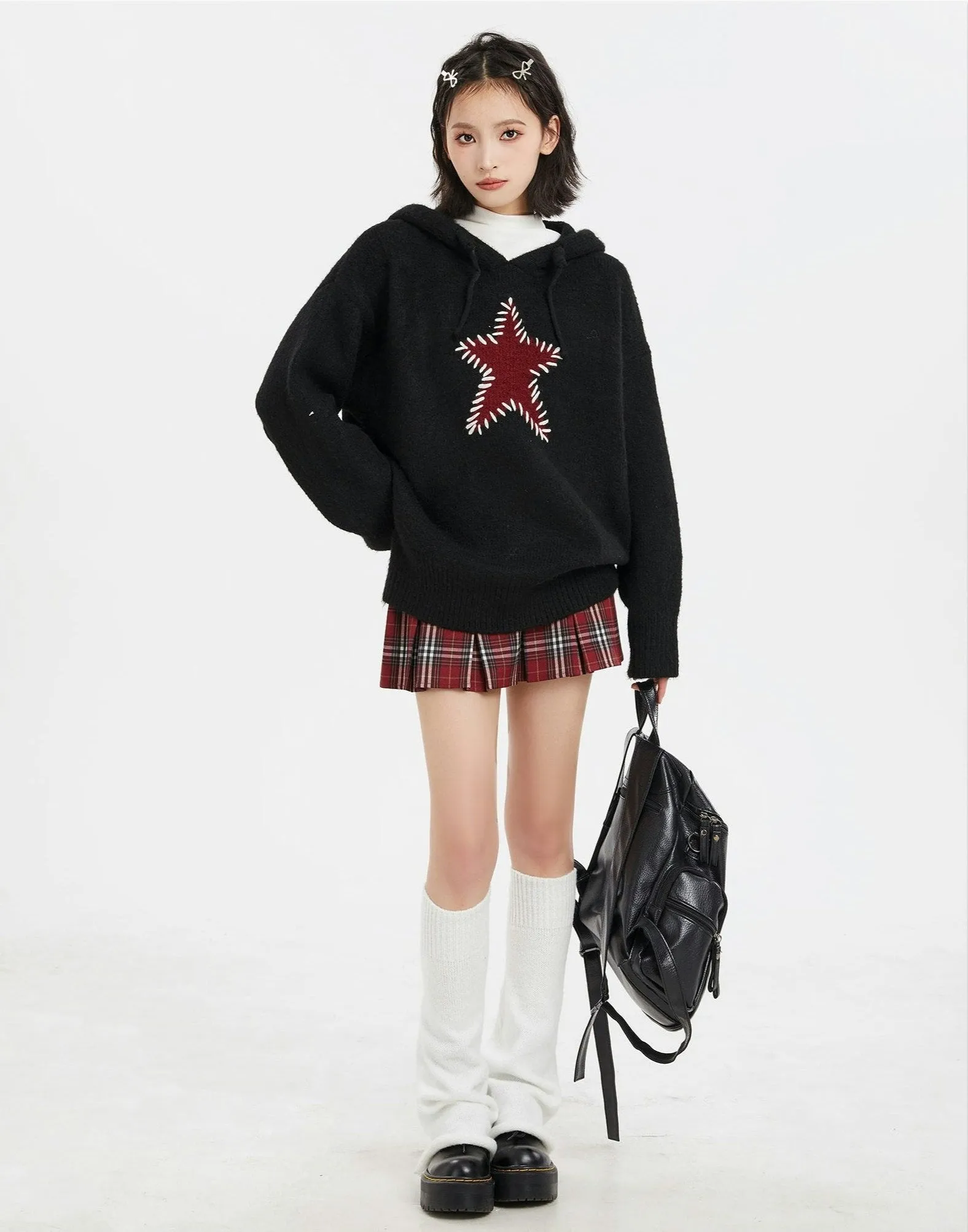 Oversized Star Patchwork Knit Hoodie Sweater