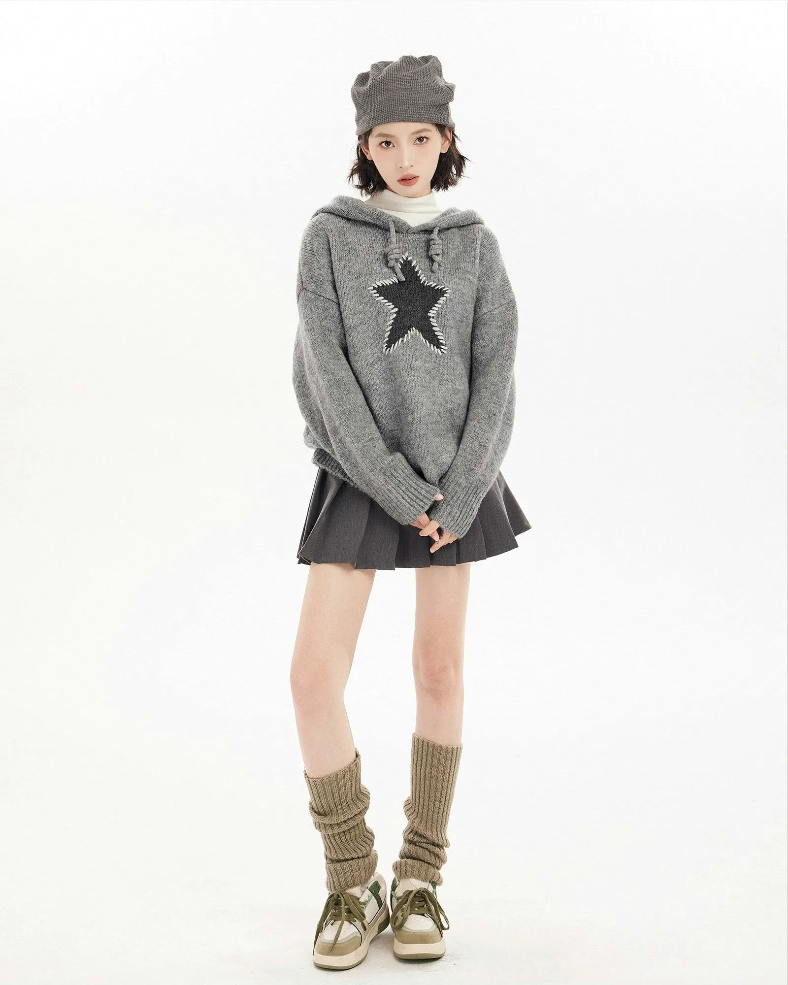 Oversized Star Patchwork Knit Hoodie Sweater