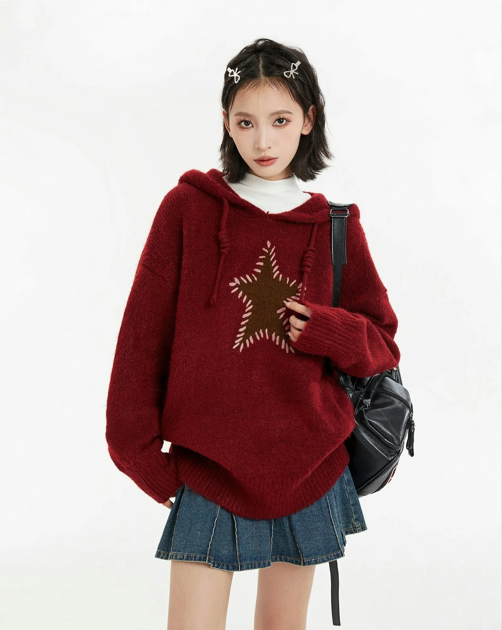 Oversized Star Patchwork Knit Hoodie Sweater