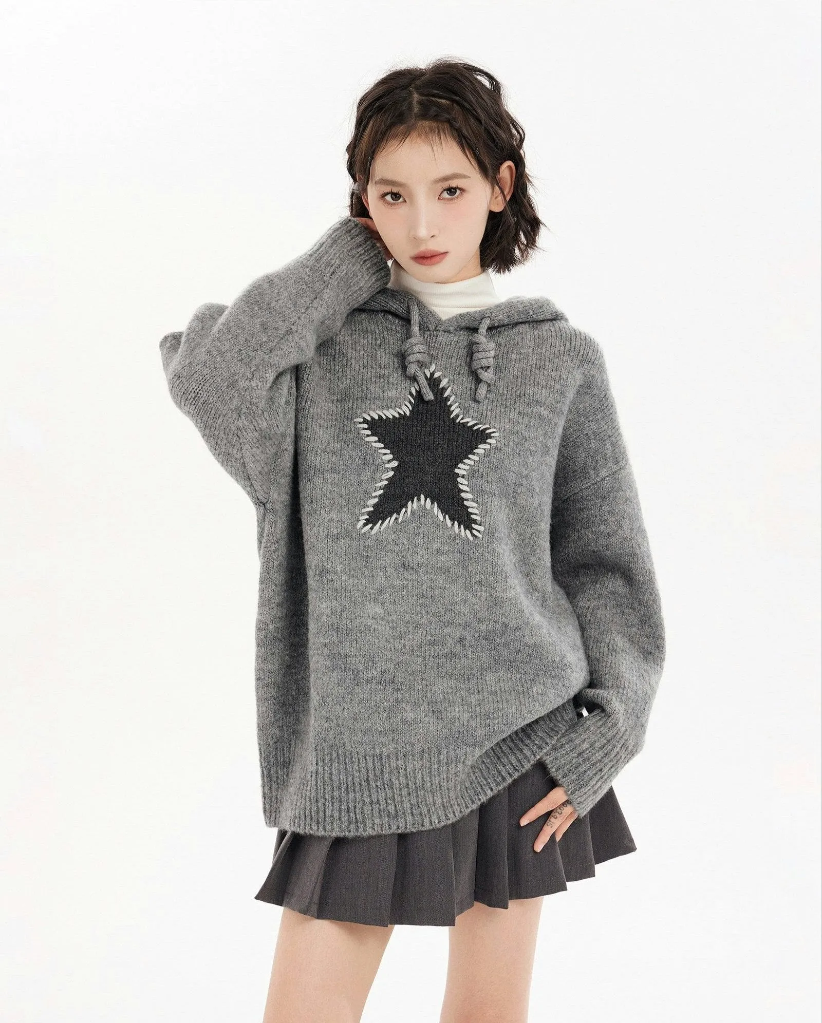 Oversized Star Patchwork Knit Hoodie Sweater