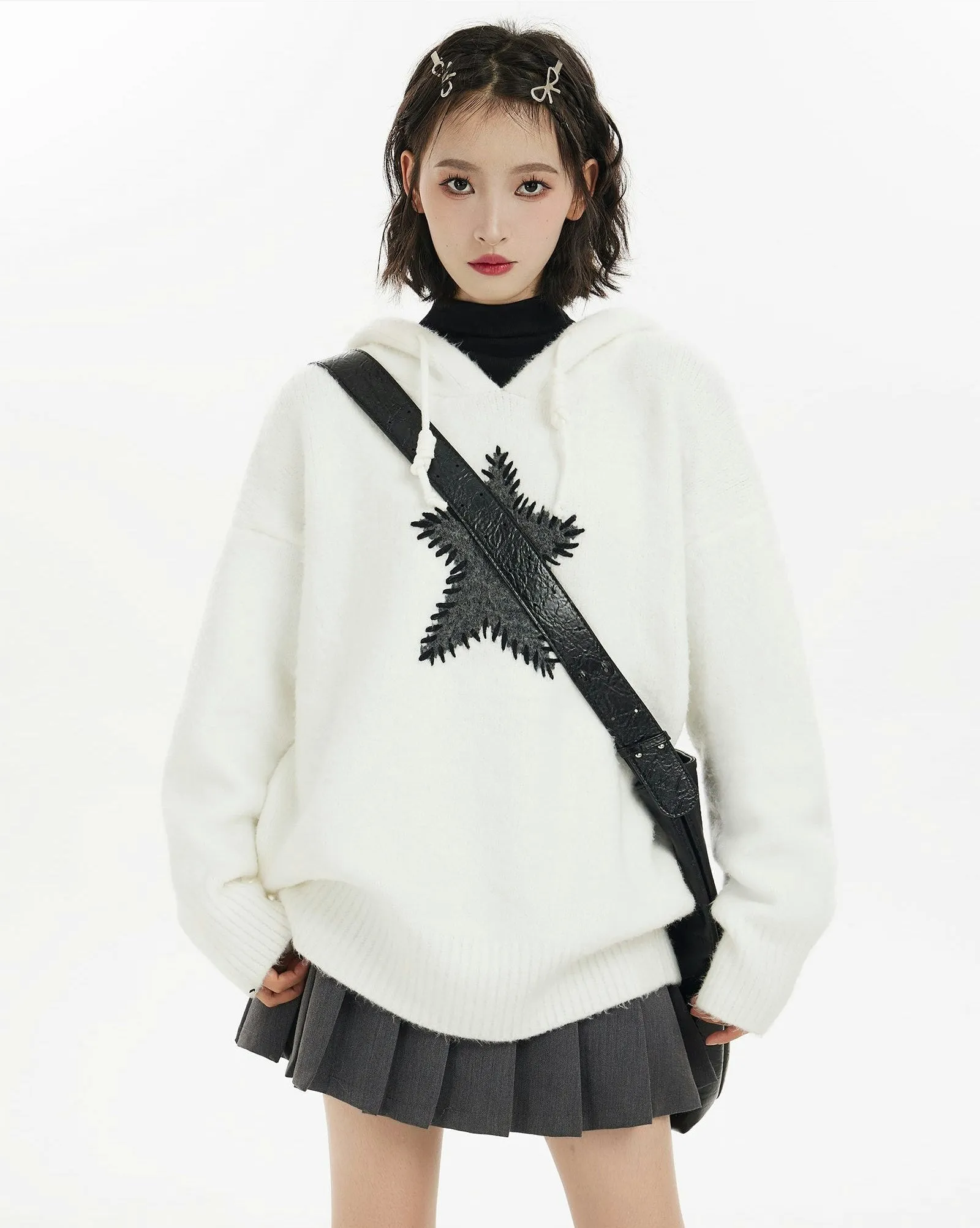 Oversized Star Patchwork Knit Hoodie Sweater