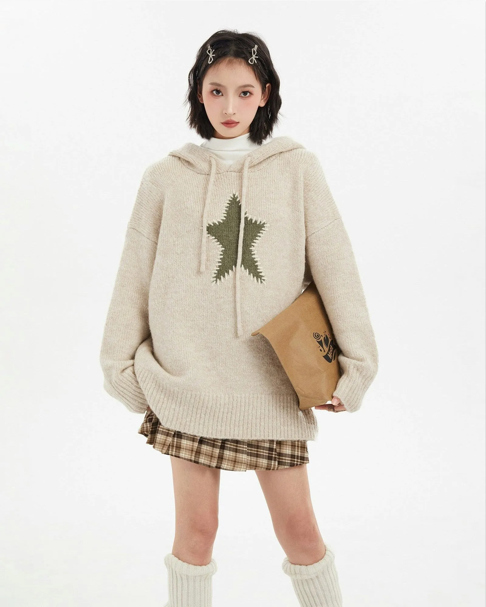 Oversized Star Patchwork Knit Hoodie Sweater