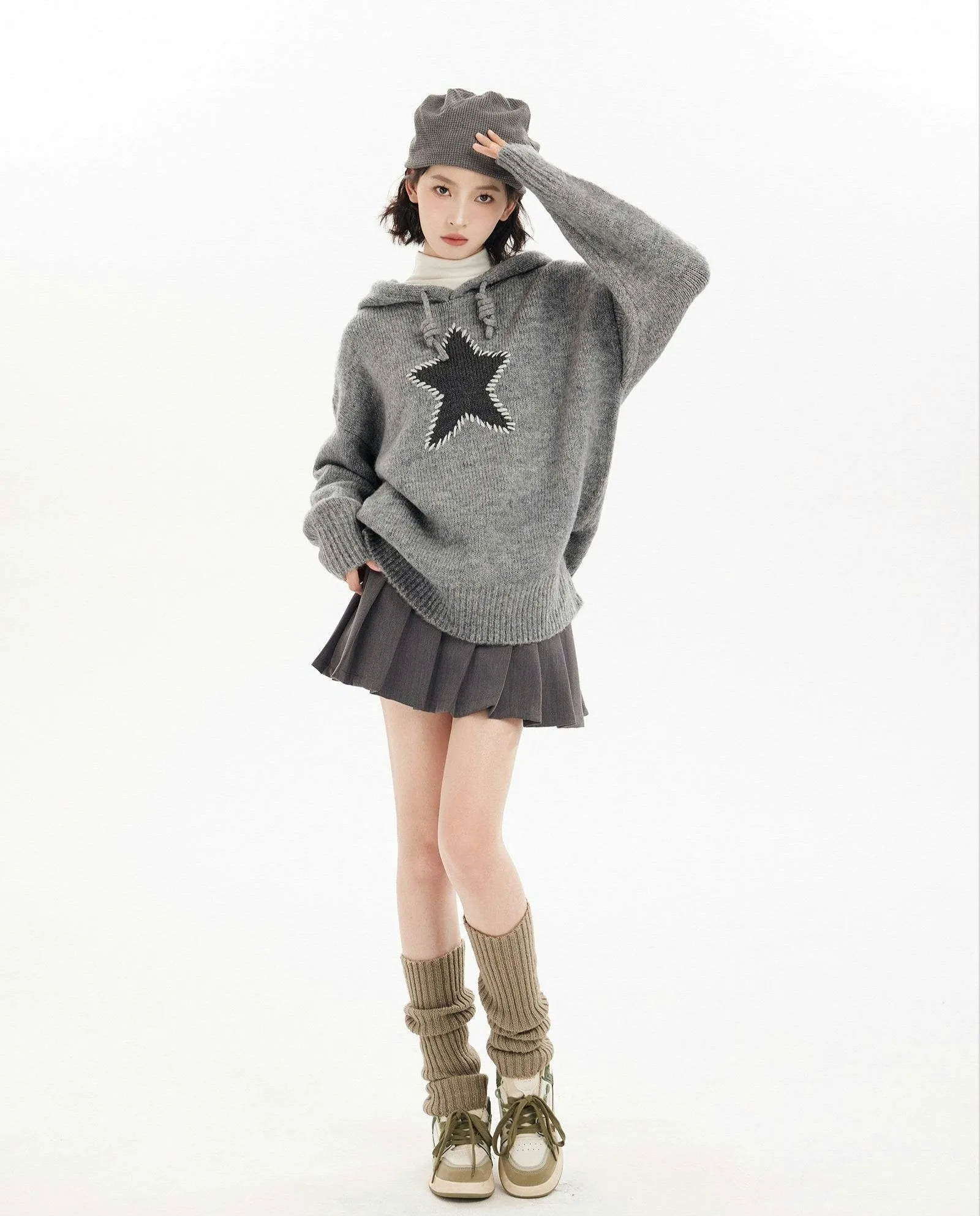 Oversized Star Patchwork Knit Hoodie Sweater