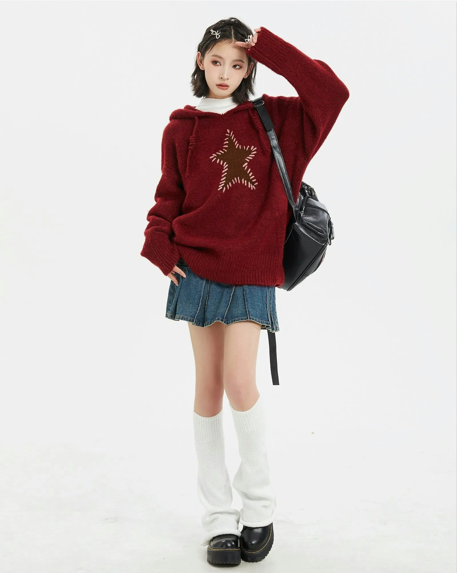 Oversized Star Patchwork Knit Hoodie Sweater