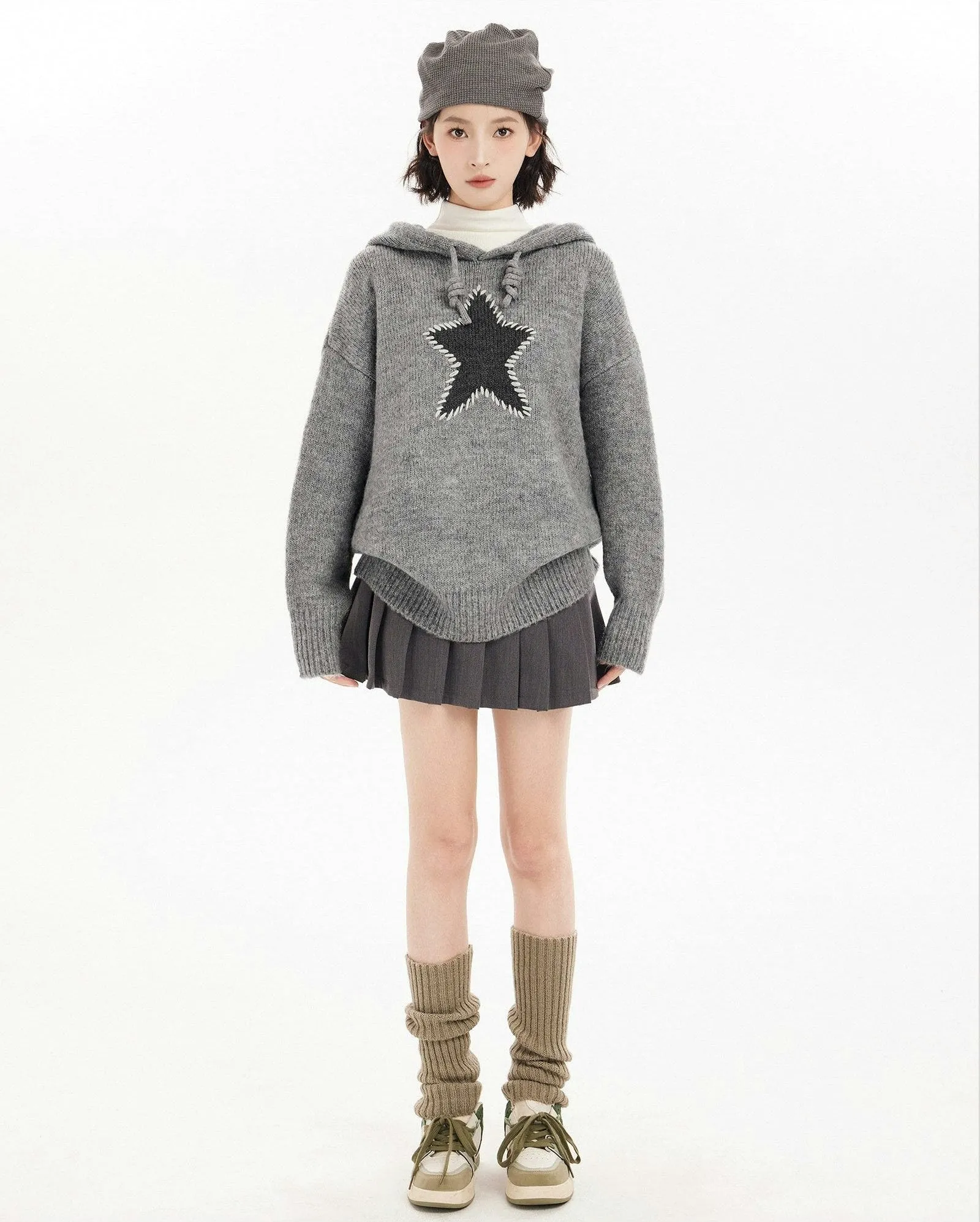 Oversized Star Patchwork Knit Hoodie Sweater