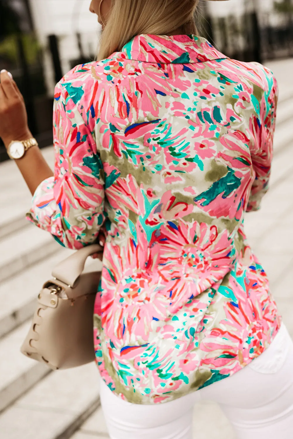 Pink Abstract Floral Print Buttoned Sheath Long Sleeve Shirt