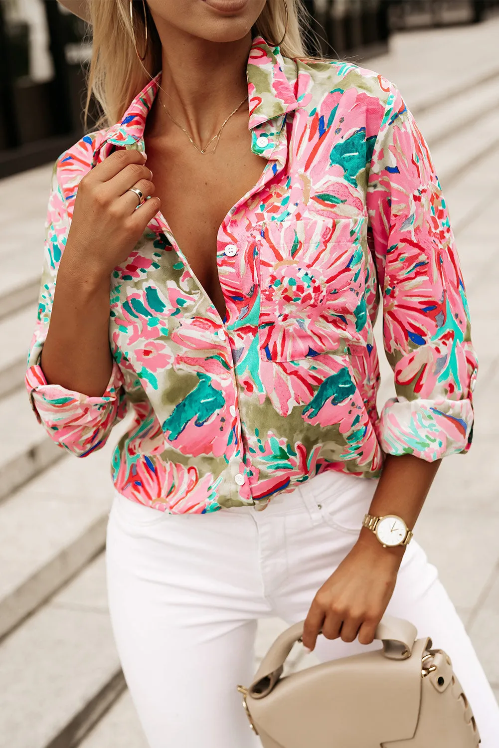 Pink Abstract Floral Print Buttoned Sheath Long Sleeve Shirt