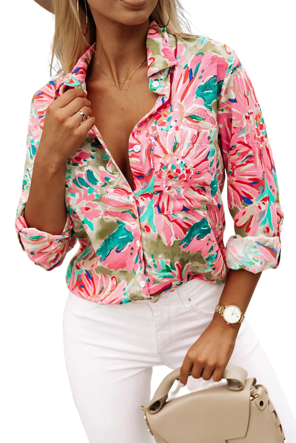 Pink Abstract Floral Print Buttoned Sheath Long Sleeve Shirt