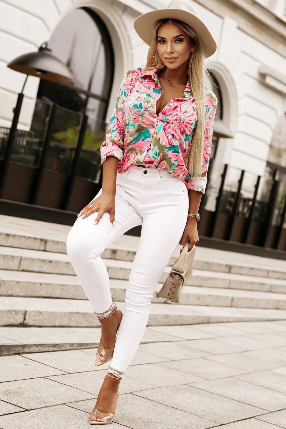 Pink Abstract Floral Print Buttoned Sheath Long Sleeve Shirt