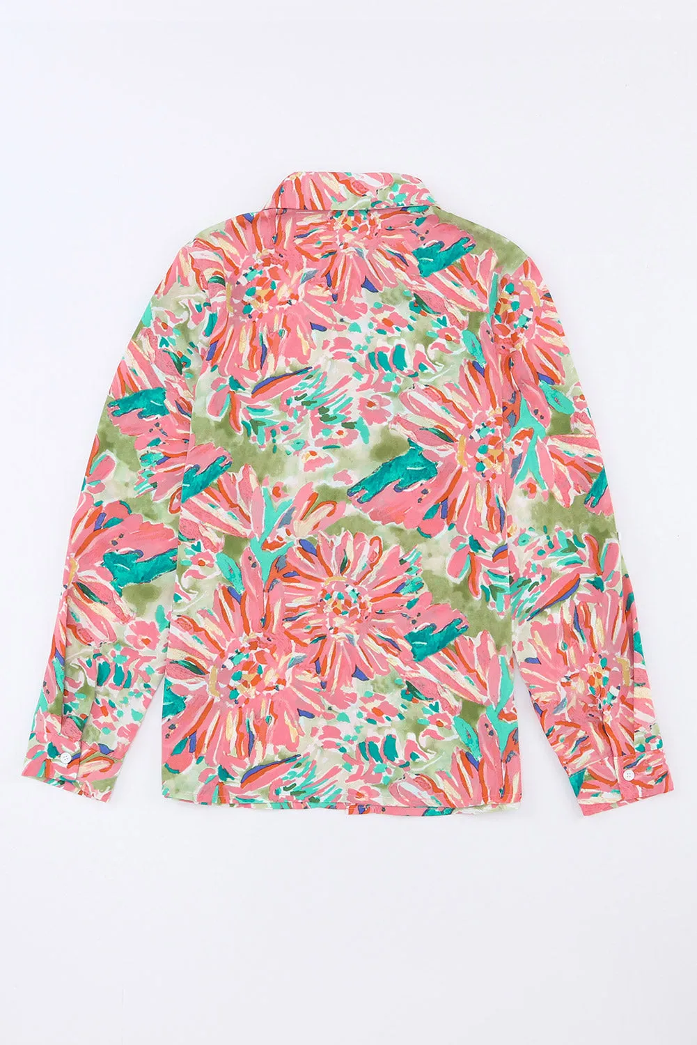 Pink Abstract Floral Print Buttoned Sheath Long Sleeve Shirt