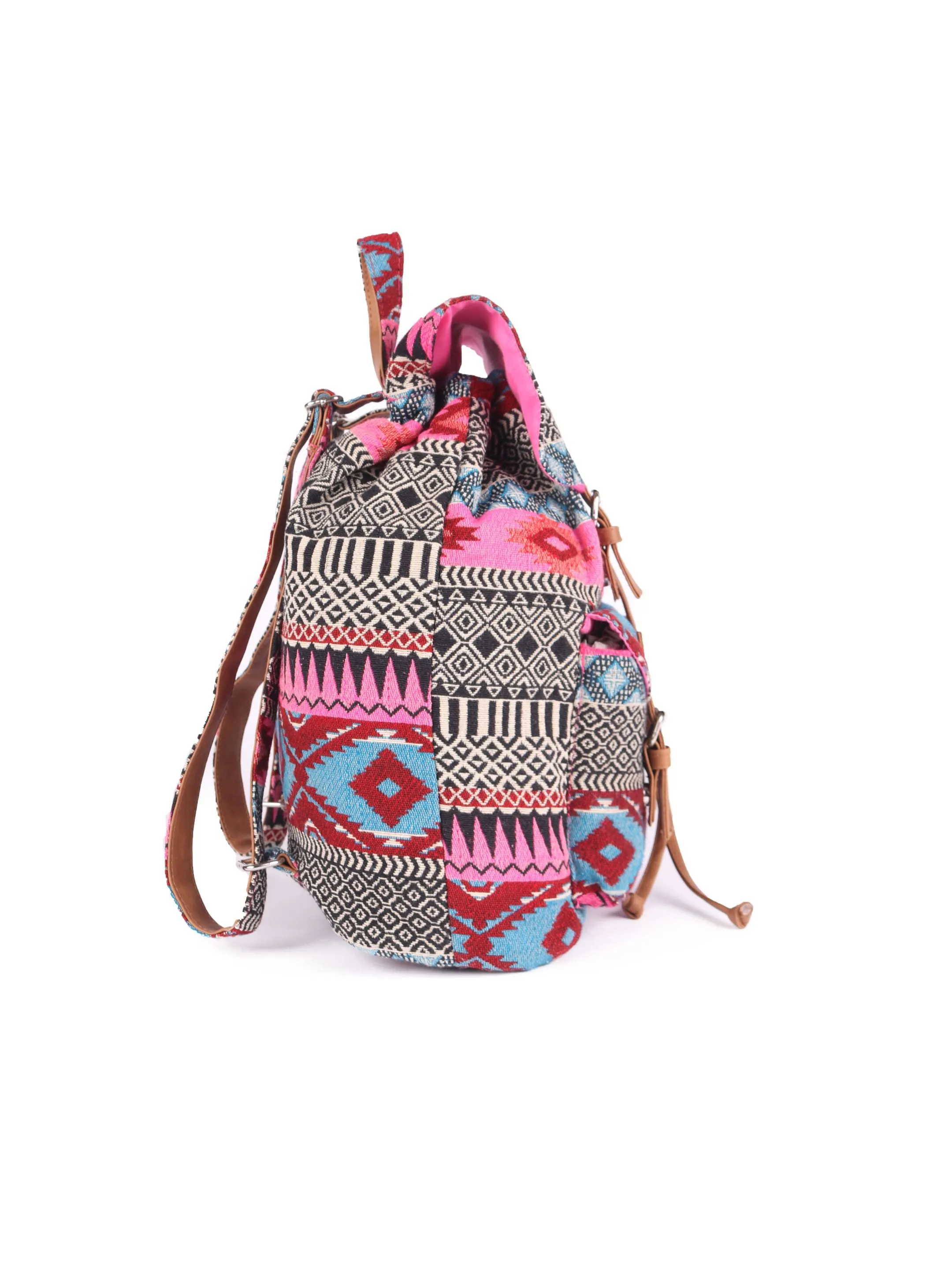 Pink Multi Cotton Dhurry Girls Backpack Medium Size