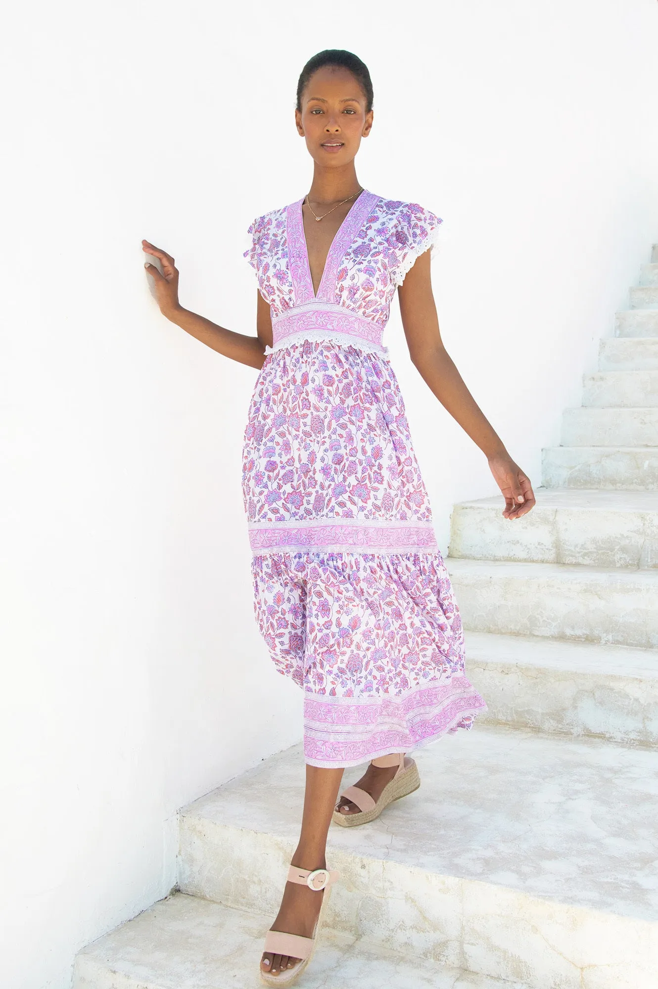 Pippa Block Print Dress | Pink/White