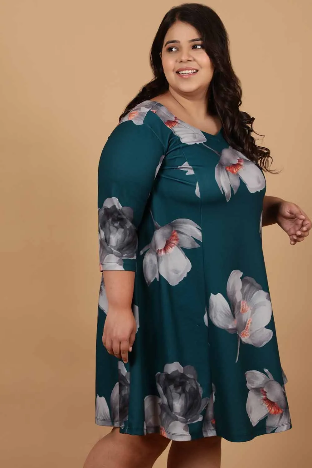 Plus Size Dark Green Floral Printed Dress