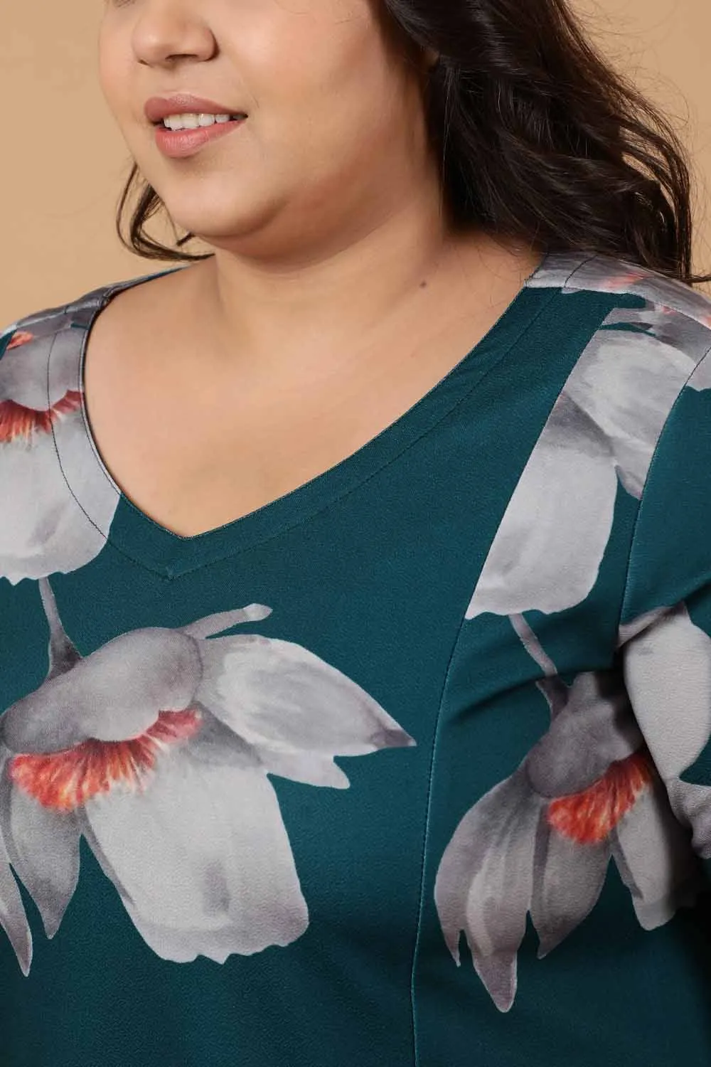 Plus Size Dark Green Floral Printed Dress