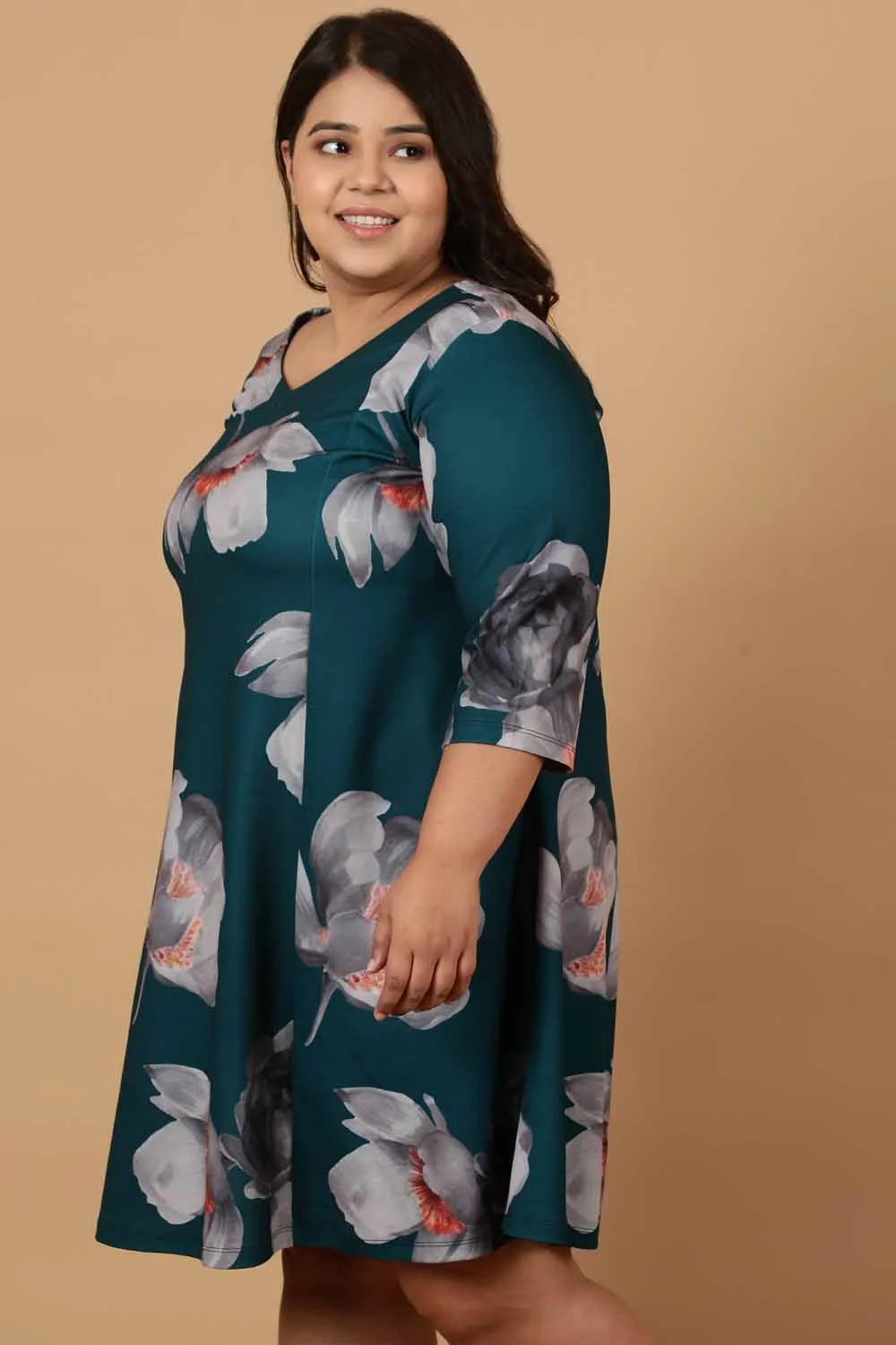 Plus Size Dark Green Floral Printed Dress