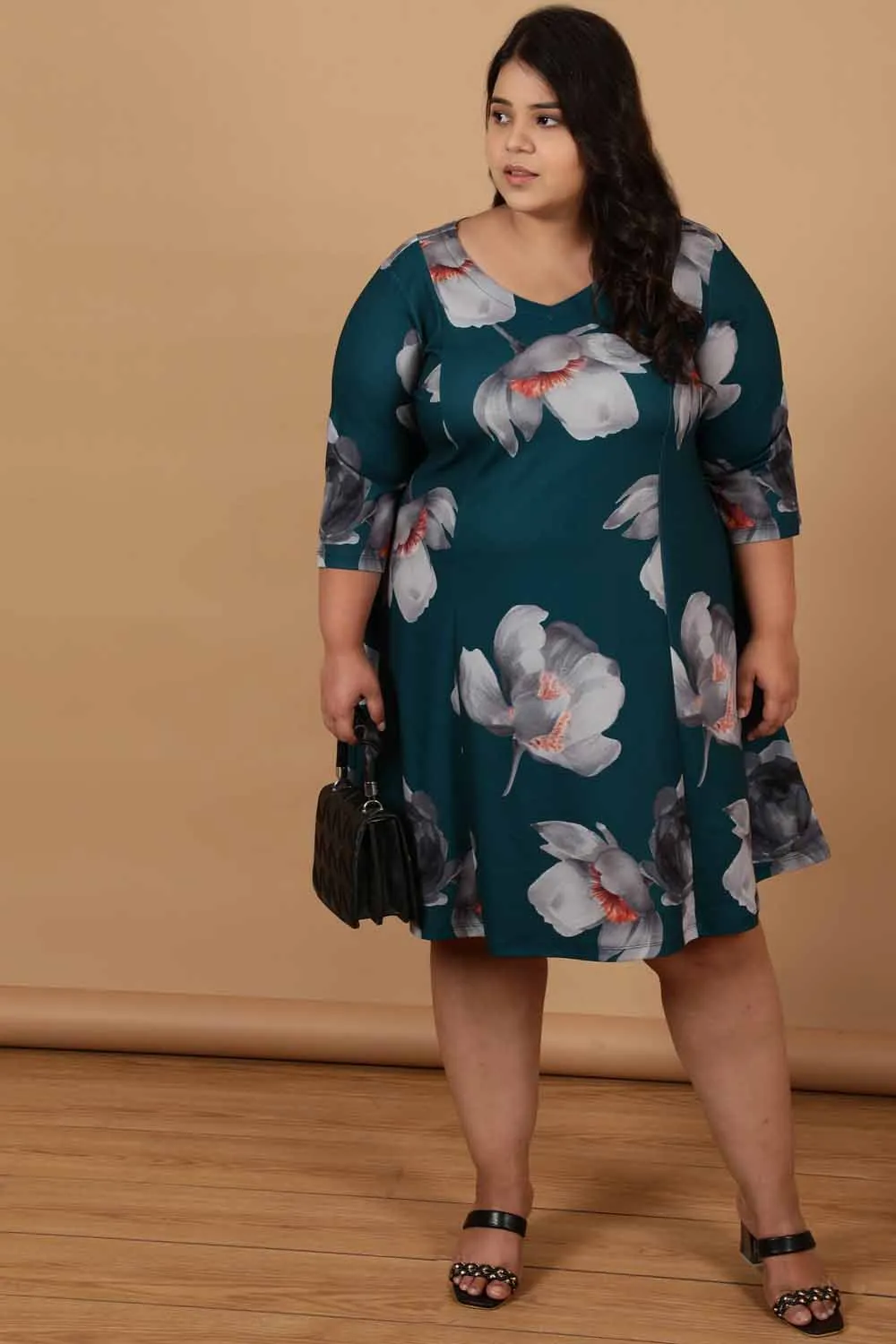 Plus Size Dark Green Floral Printed Dress