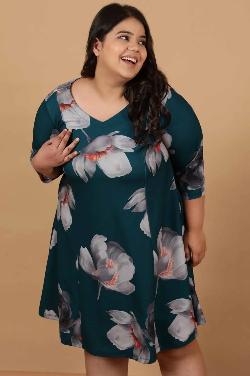 Plus Size Dark Green Floral Printed Dress