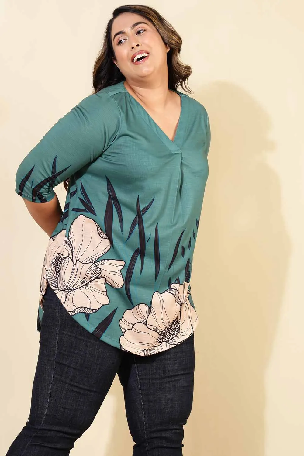 Plus Size Green Beige Print Centre Pleat Top