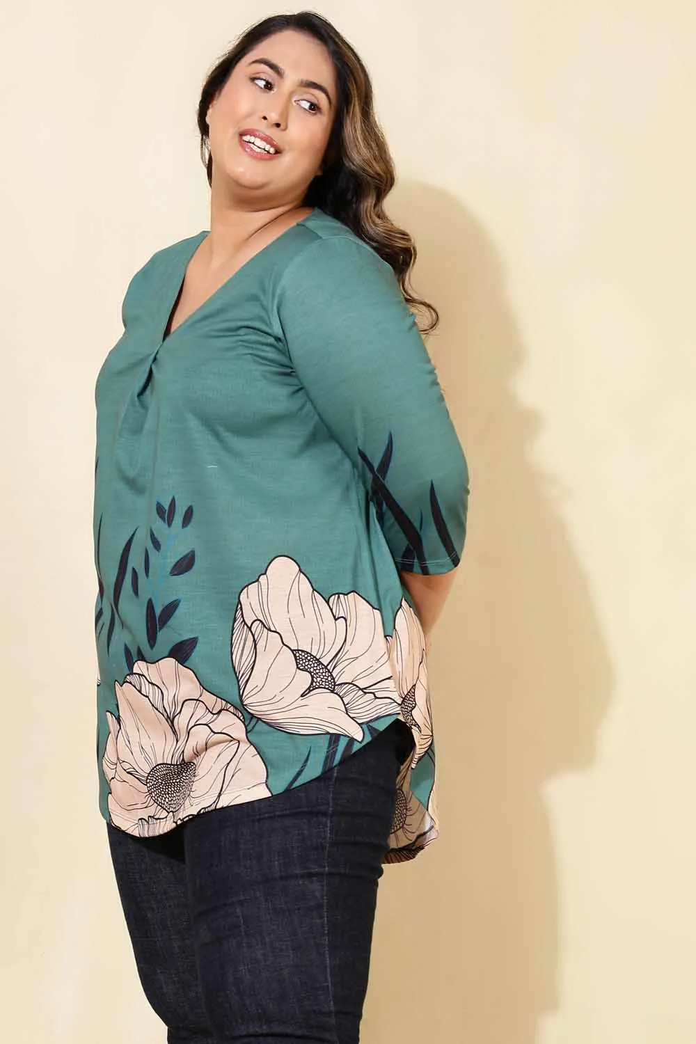 Plus Size Green Beige Print Centre Pleat Top