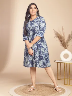 Plus Size Indigo Cotton Floral Gathered Dress