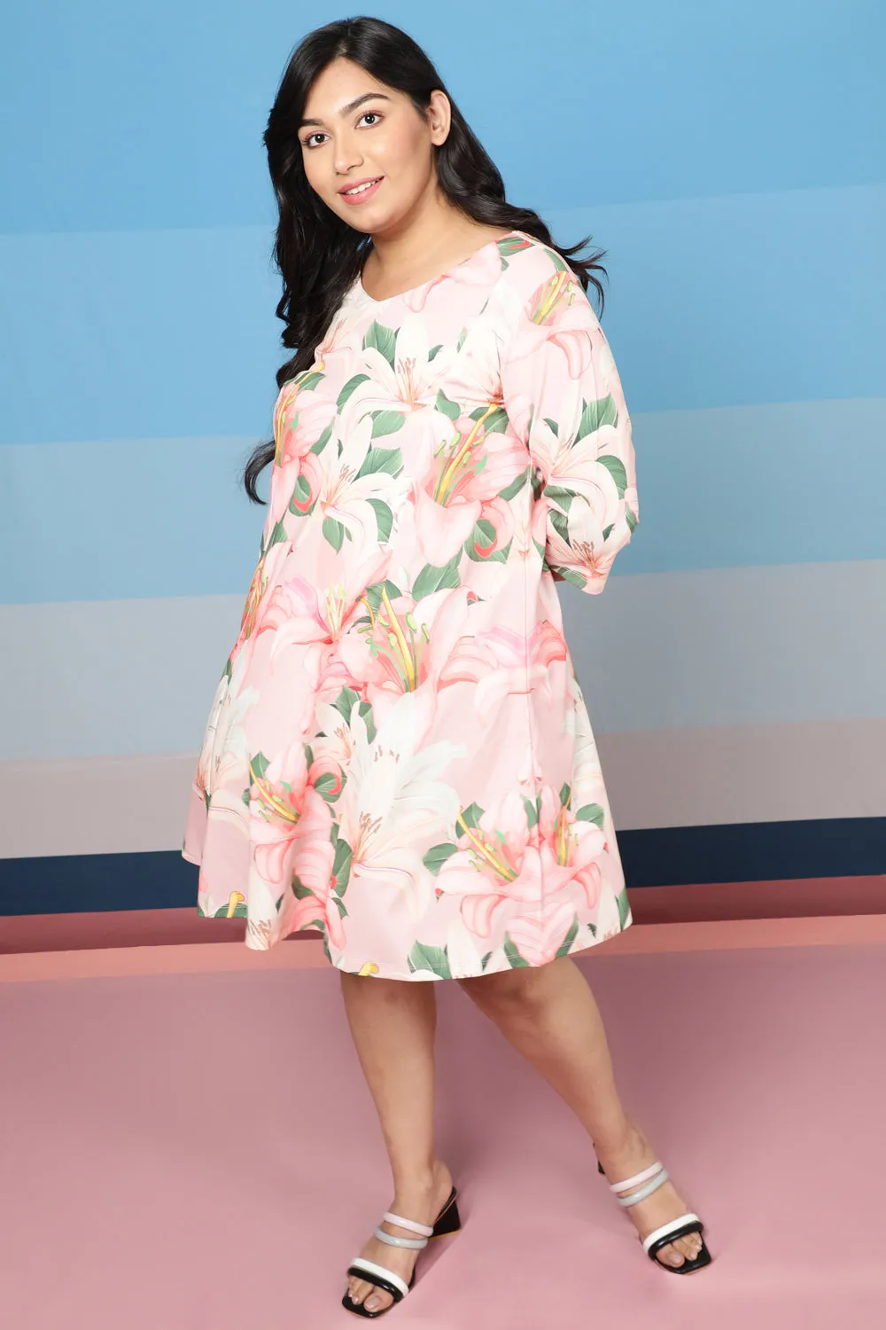 Plus Size Light Pink Floral Printed Dress