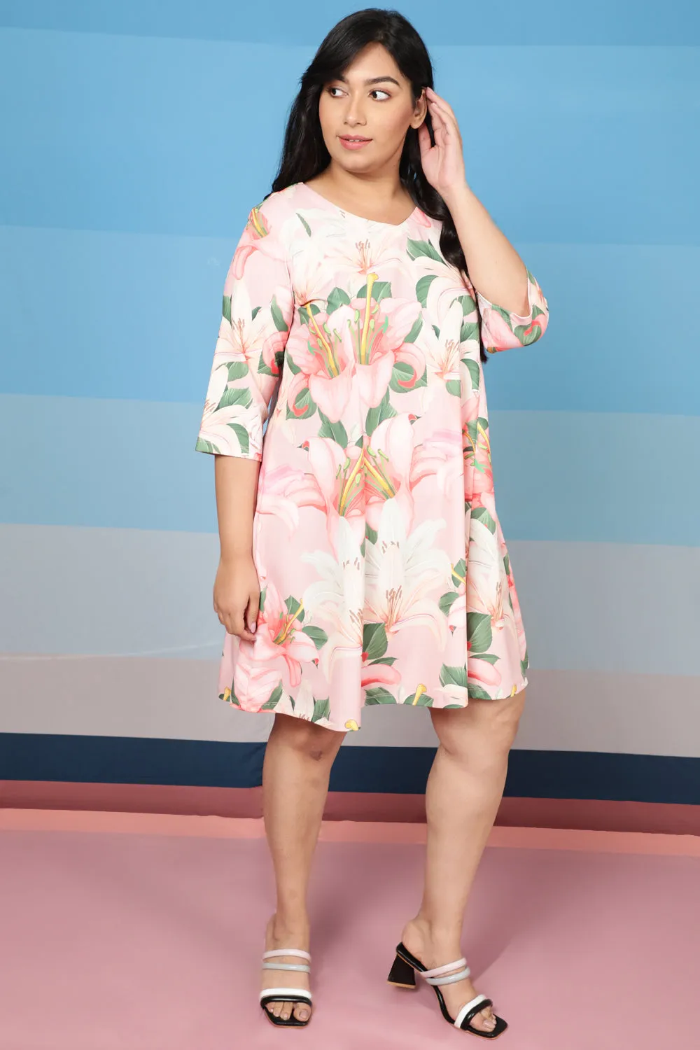 Plus Size Light Pink Floral Printed Dress