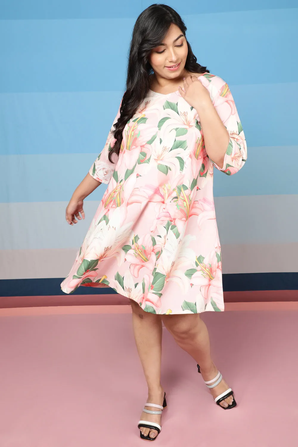 Plus Size Light Pink Floral Printed Dress