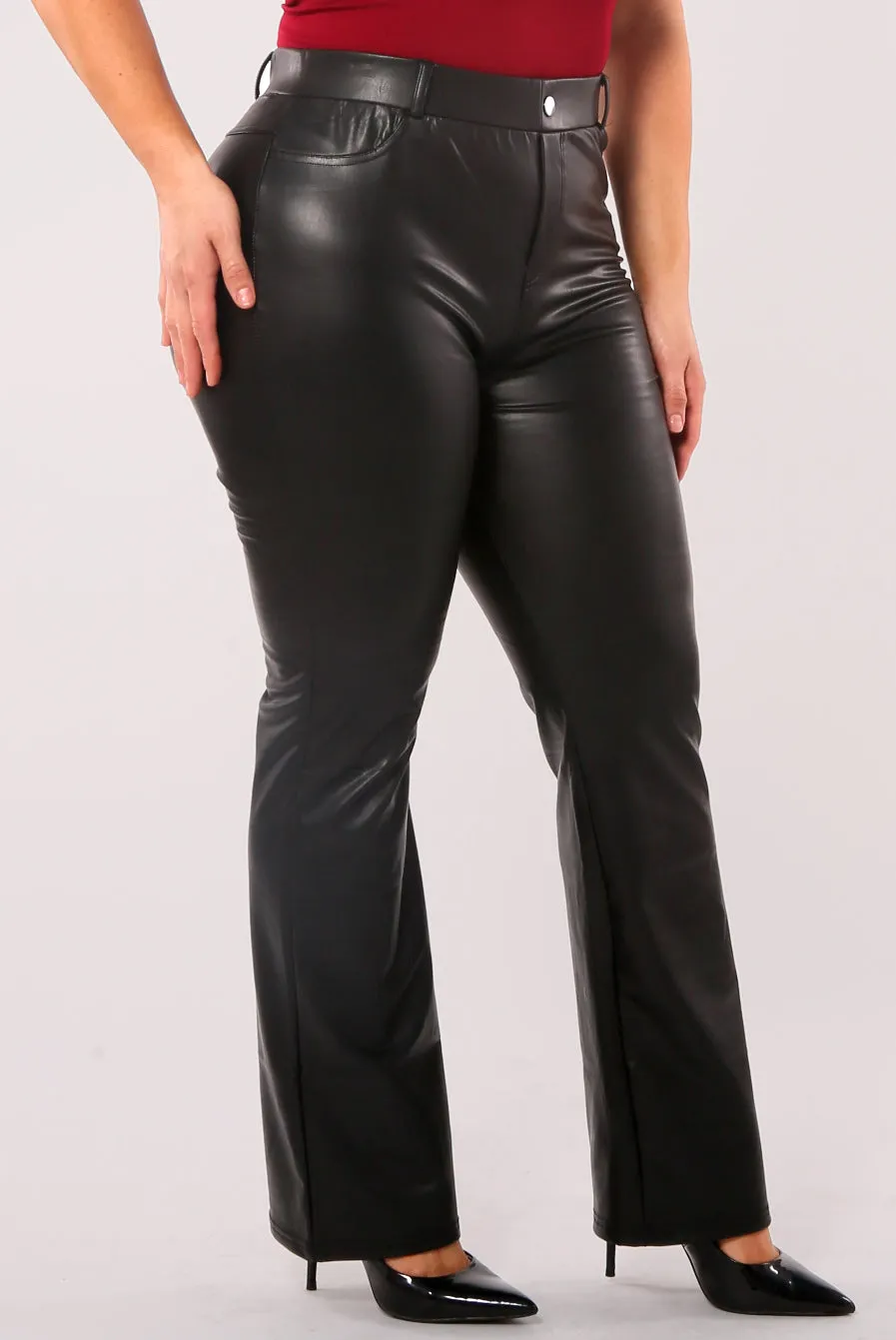 Plus Size PU Faux Leather Flare Pants With Back Pockets & Button Waist Detail - Black