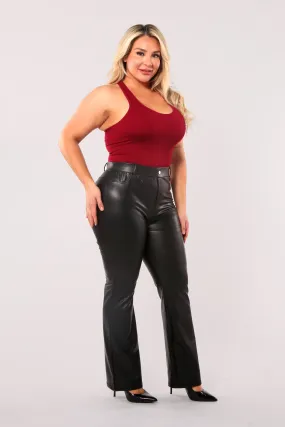 Plus Size PU Faux Leather Flare Pants With Back Pockets & Button Waist Detail - Black