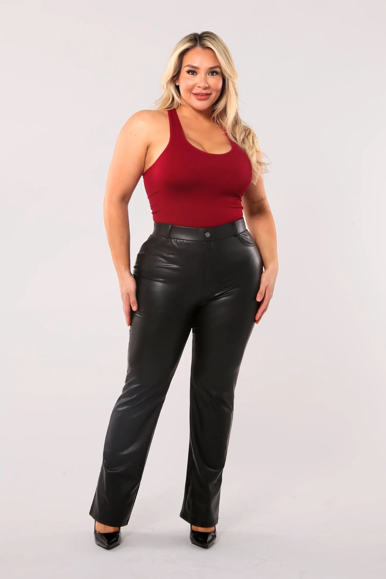 Plus Size PU Faux Leather Flare Pants With Back Pockets & Button Waist Detail - Black