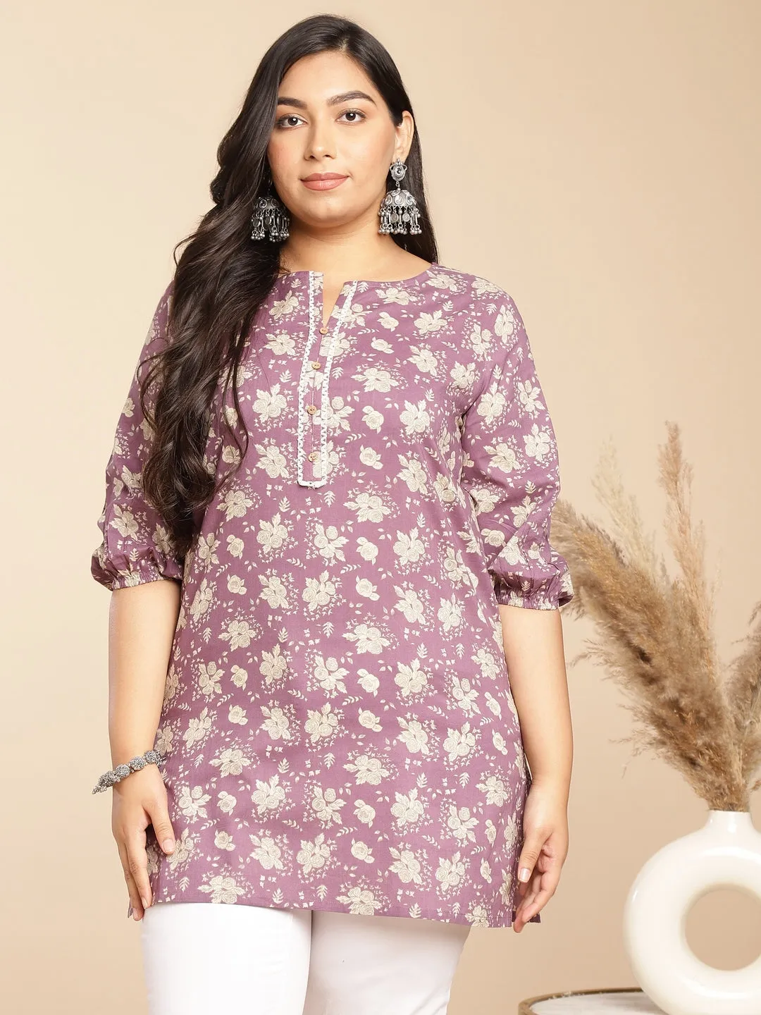 Plus Size Purple Cotton Floral Tunic