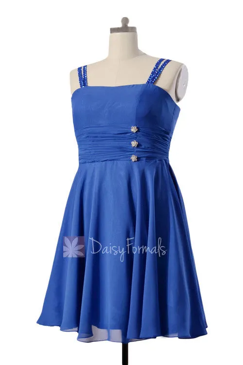 Plus Size Sapphire Chiffon Party Dress Beaded Blue Cocktail Dress Prom Dress W/Straps(BM909)