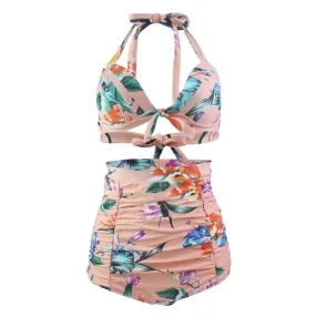 Plus size two piece swimwear hanging neck front bow swimwear women high waist  digital prints Vintage Swimsuits