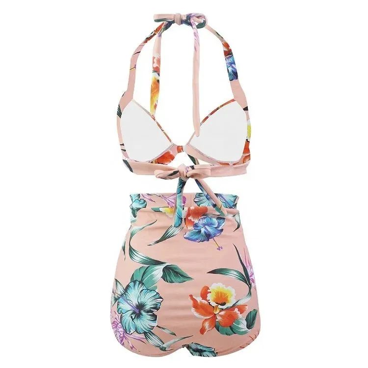 Plus size two piece swimwear hanging neck front bow swimwear women high waist  digital prints Vintage Swimsuits