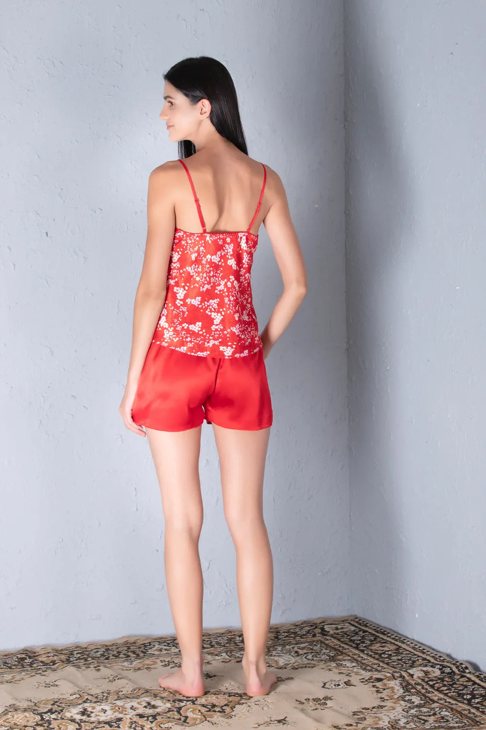 Printed Satin Red Slip & Shorts