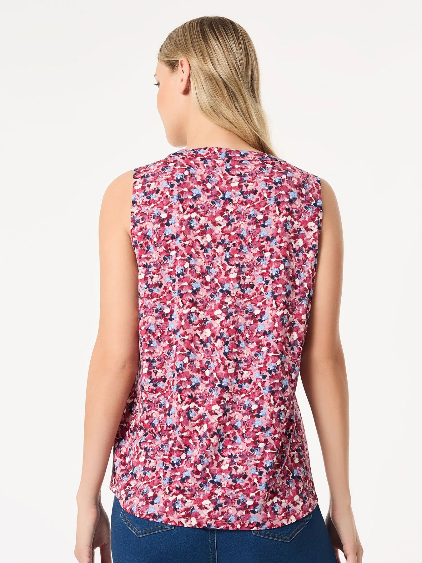 Printed Sleeveless V-Neck Top, Moss Crepe