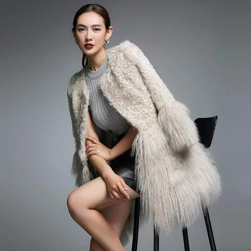 Real Fur Coat for Women Natural Lamb Fur with Mongolia Sheep Fur Coats