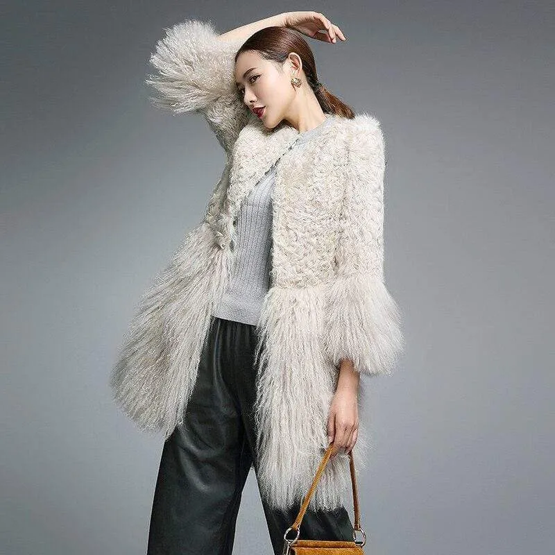 Real Fur Coat for Women Natural Lamb Fur with Mongolia Sheep Fur Coats