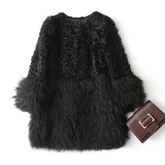 Real Fur Coat for Women Natural Lamb Fur with Mongolia Sheep Fur Coats