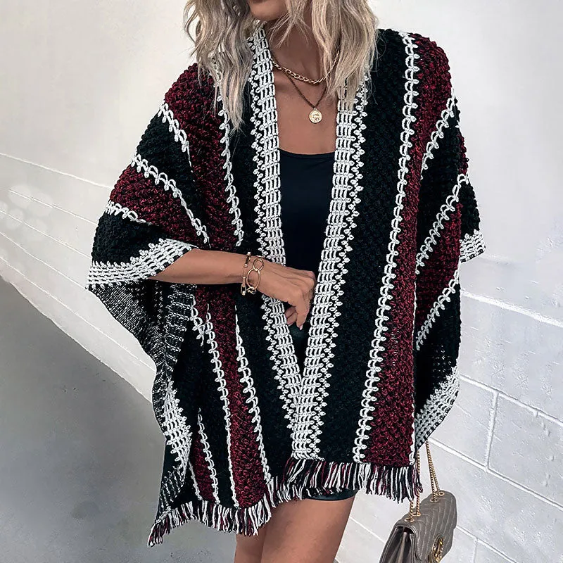 Retro Tassel Trim Multicolored Contrast Striped Textured Knit Shawl Cardigan