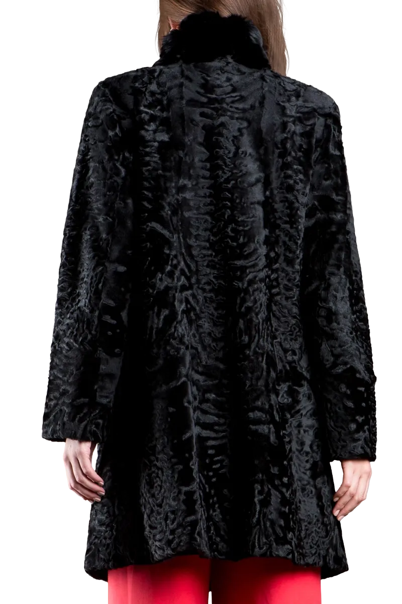 Reversible Black Swakara and Chinchilla Fitted Mid-Length Fur Coat