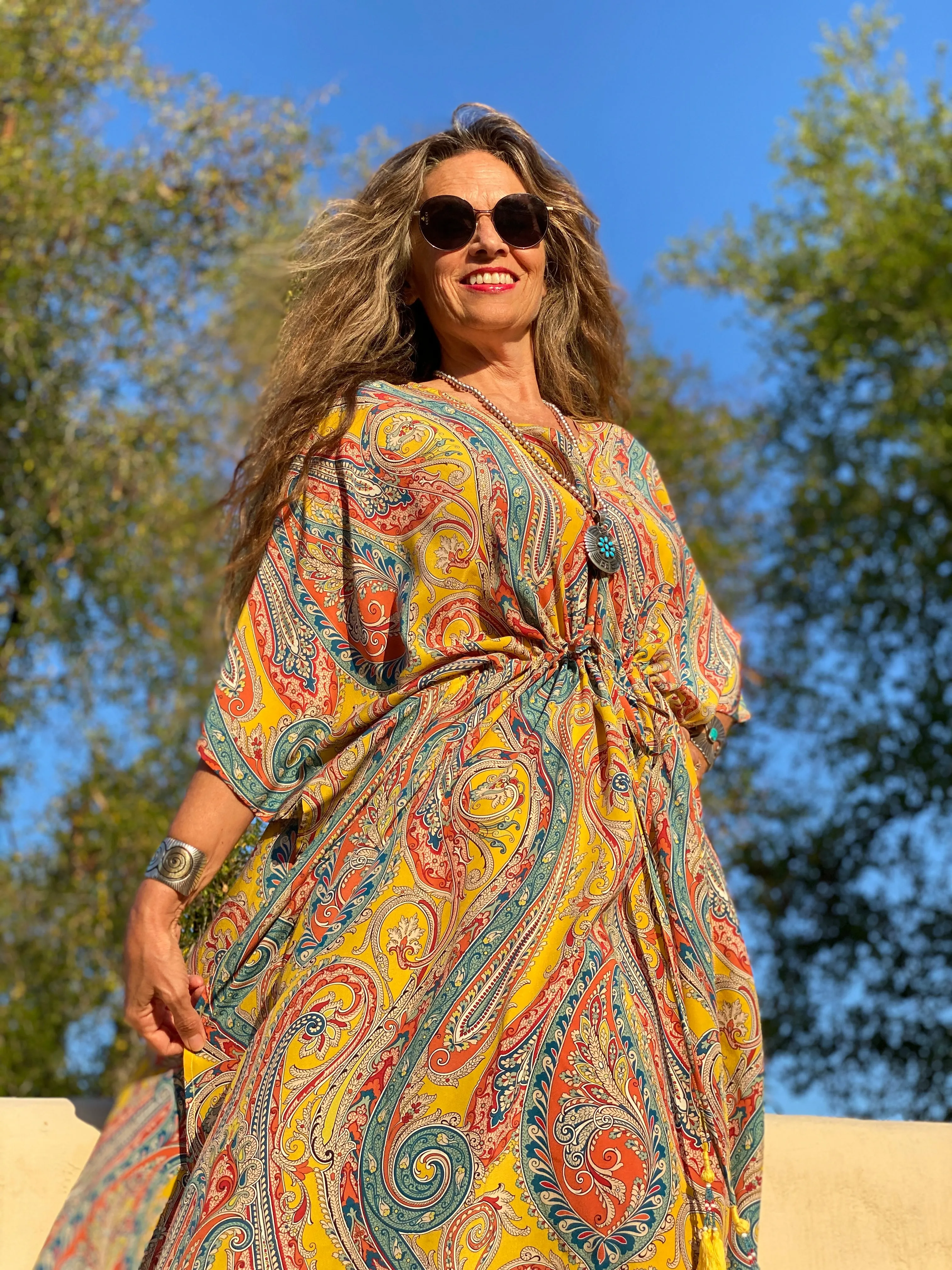 Saffron Principessa Paisley Italian Silk Maxi Kaftan Dress