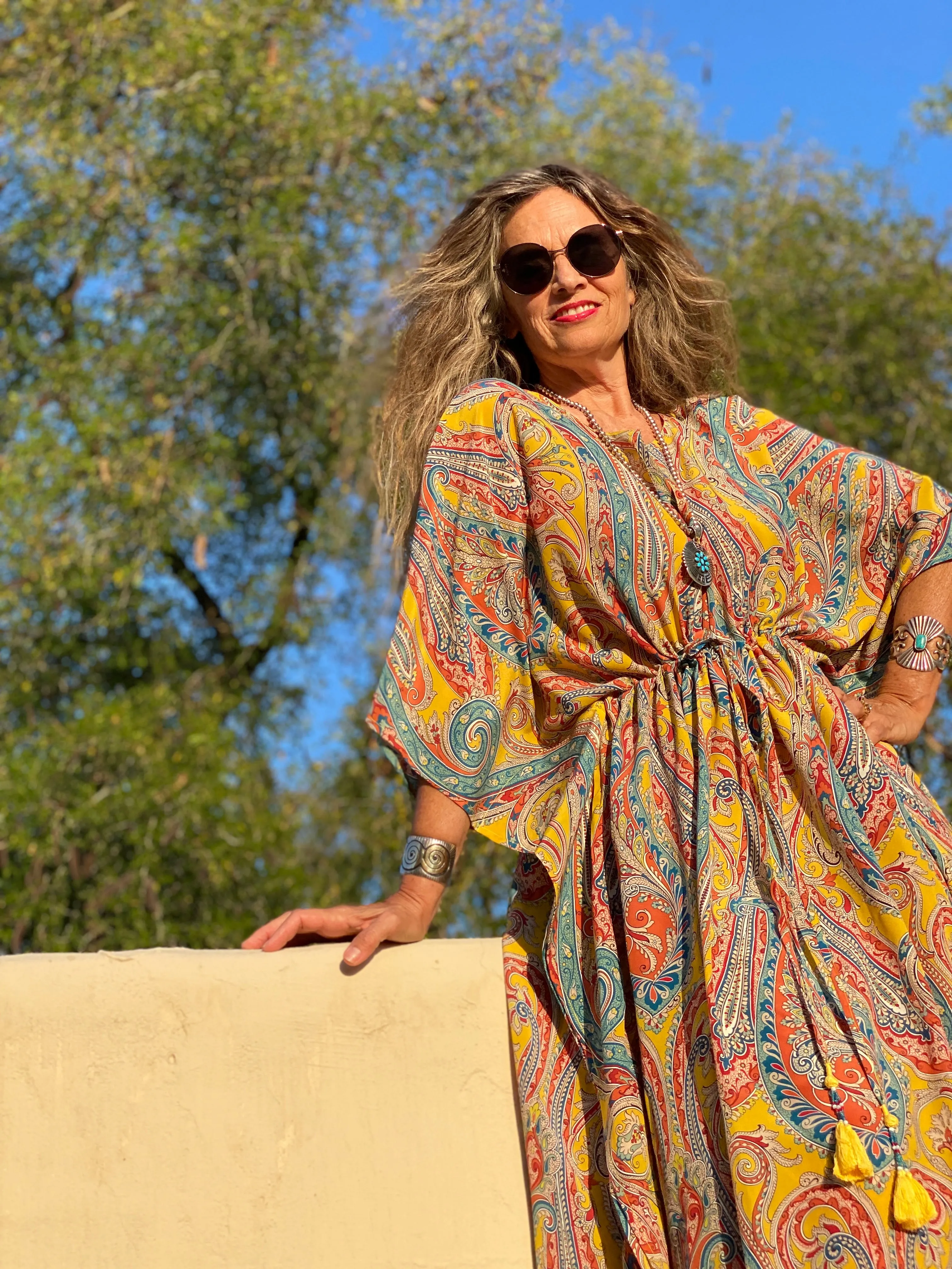 Saffron Principessa Paisley Italian Silk Maxi Kaftan Dress