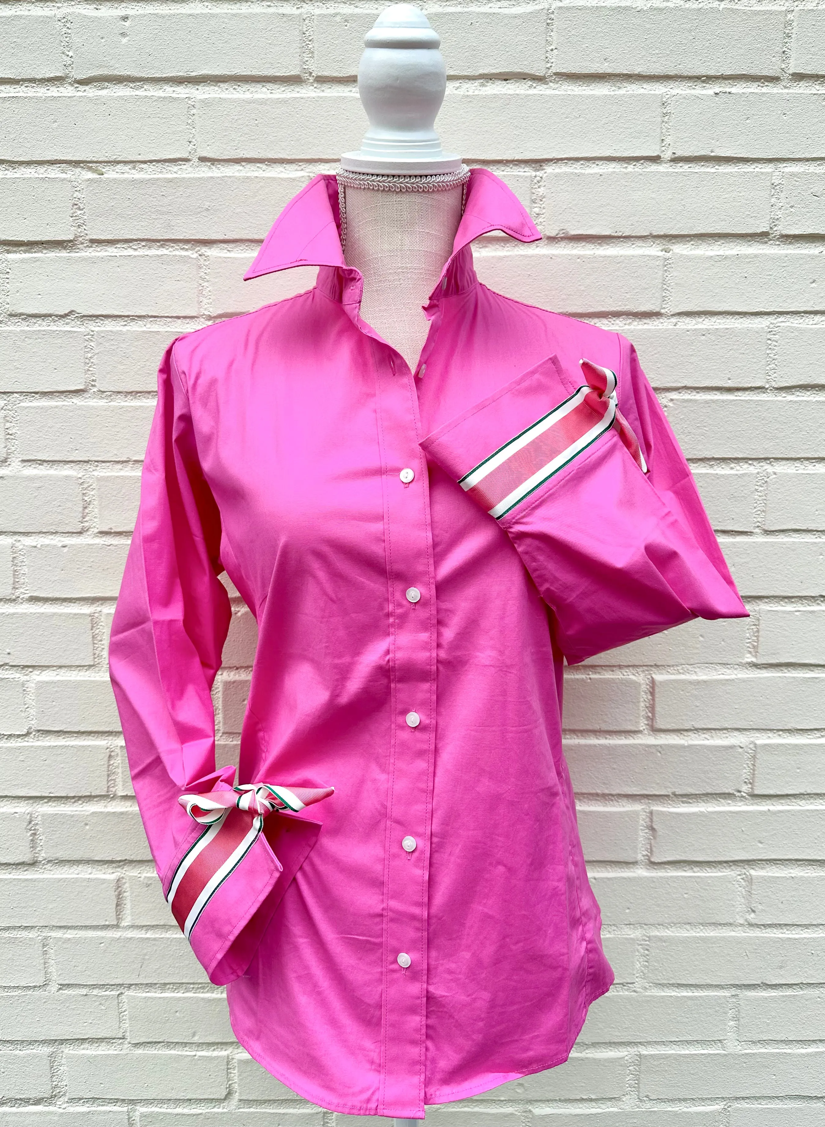 SALE - L ONLY - Ann Pink w Pink Green Ribbon Tie Shirt (Ann15) *FINAL SALE*